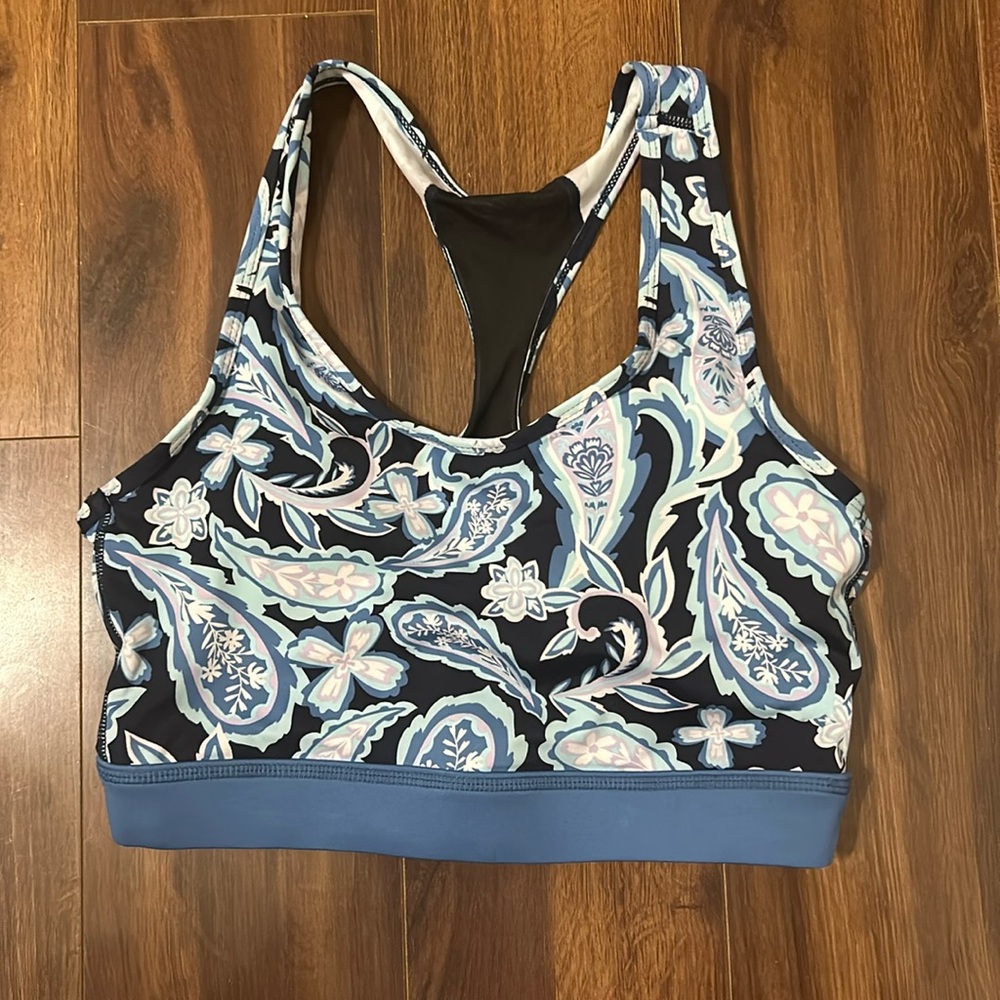 Blue Floral Sports Bra Mesh Back Medium Full Coverage‎ Workout Bra w Inserts